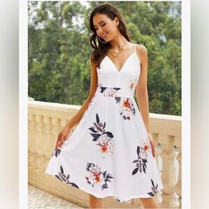 Ultranice Womens Cotton V-Neck Spaghetti Strap Sun Dress White Floral Medium